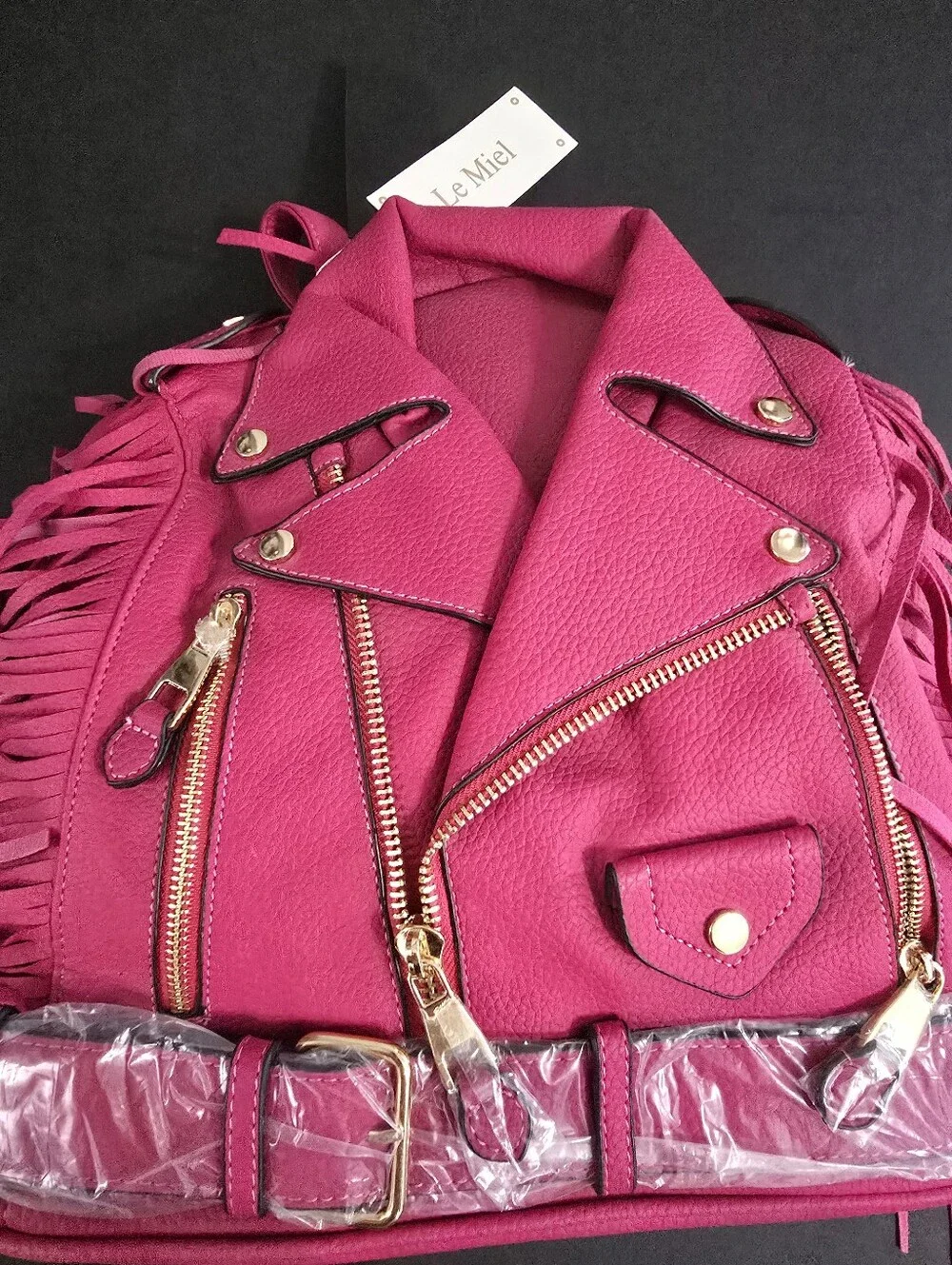 New LE Miel Vegan Hot Pink Fringe Moto Backpack Bag with Gold Hardware